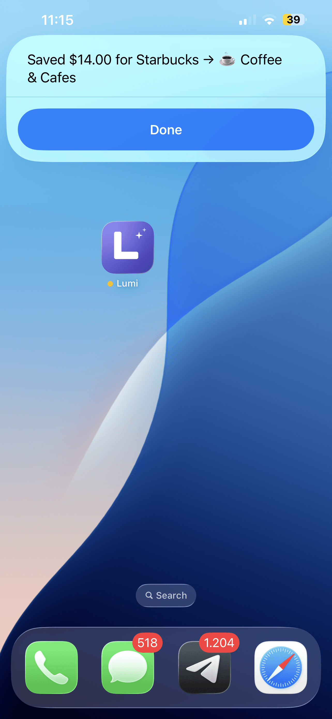 Lumi confirming a Starbucks expense was saved and categorized automatically