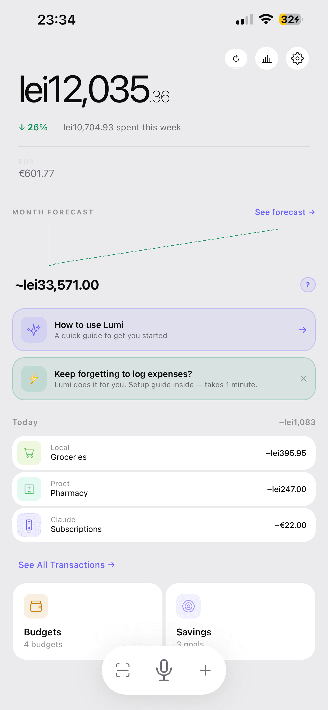 Lumi app home screen showing balance, month forecast, and recent transactions